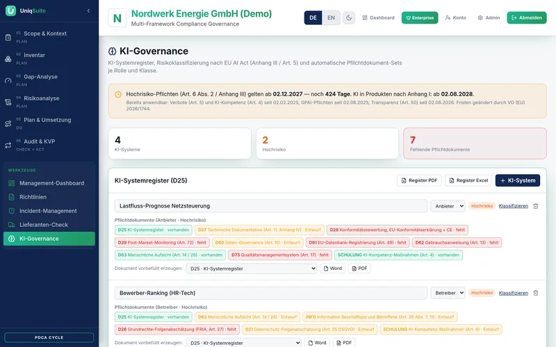 KI-Governance – Bildschirmansicht, Demo-Mandant