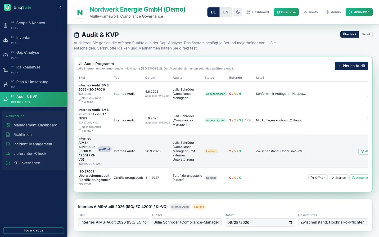 Audit und Verbesserung – Bildschirmansicht in UniqSuite