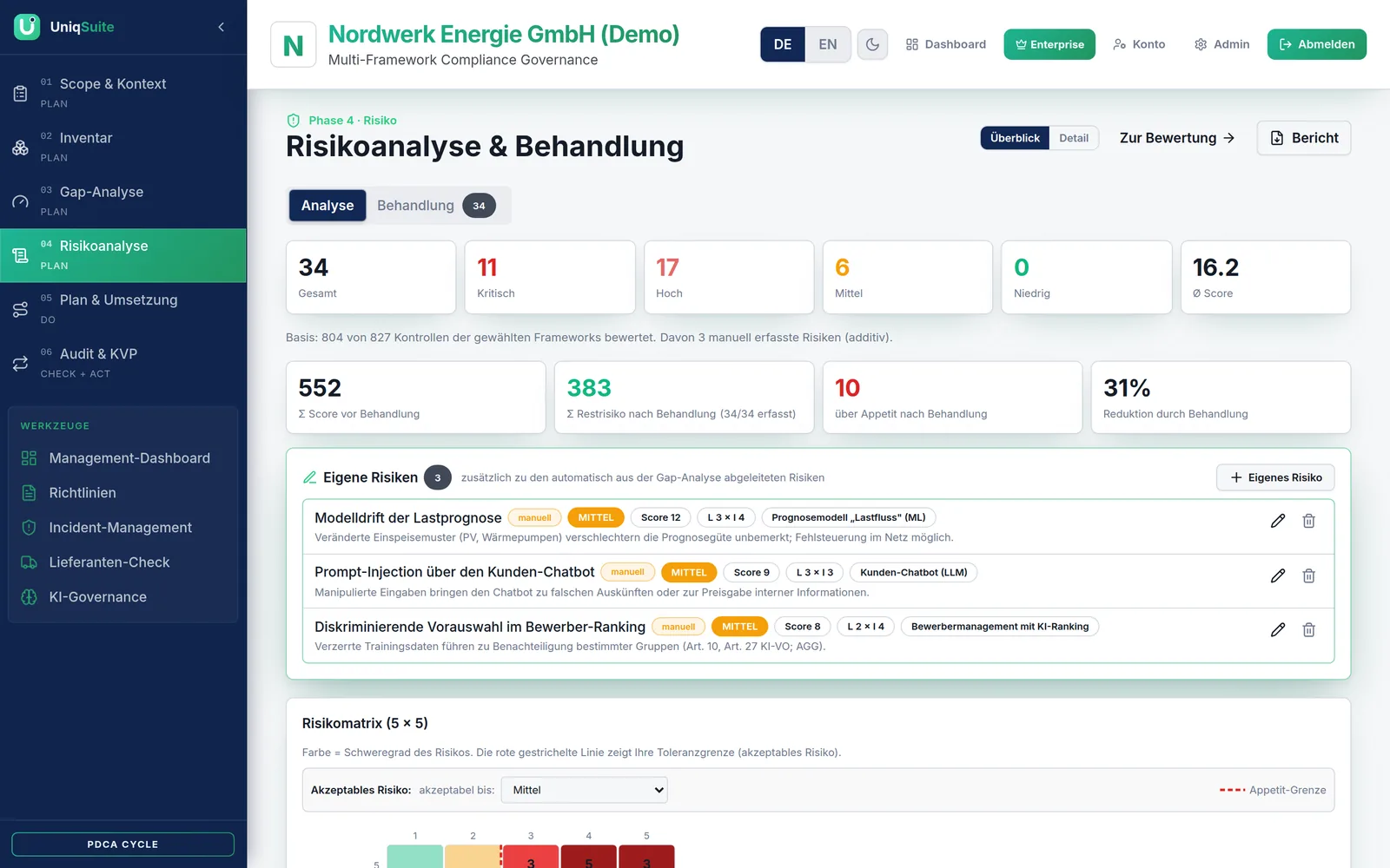 Risiken – Bildschirmansicht in UniqSuite