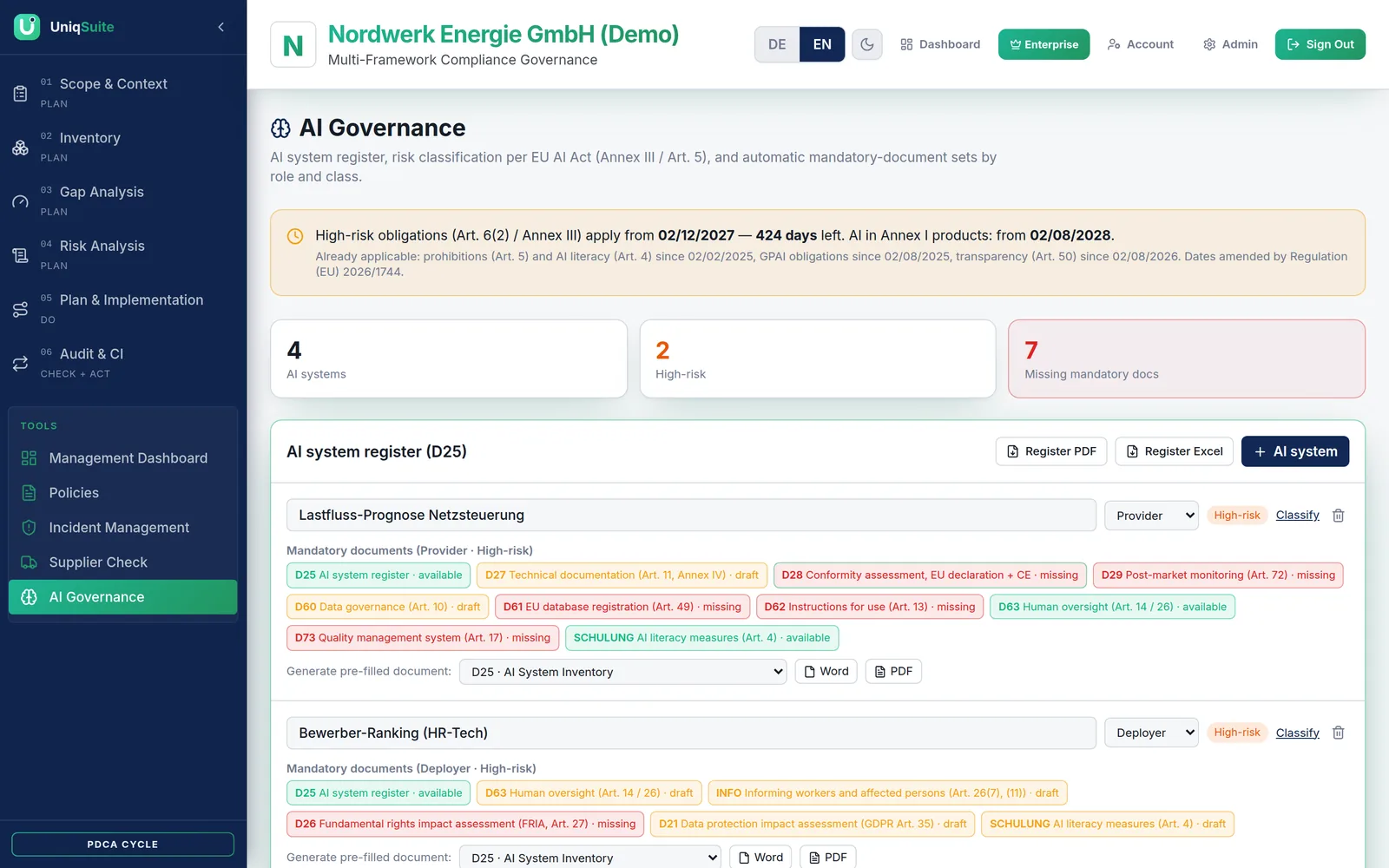 AI governance – screen in UniqSuite