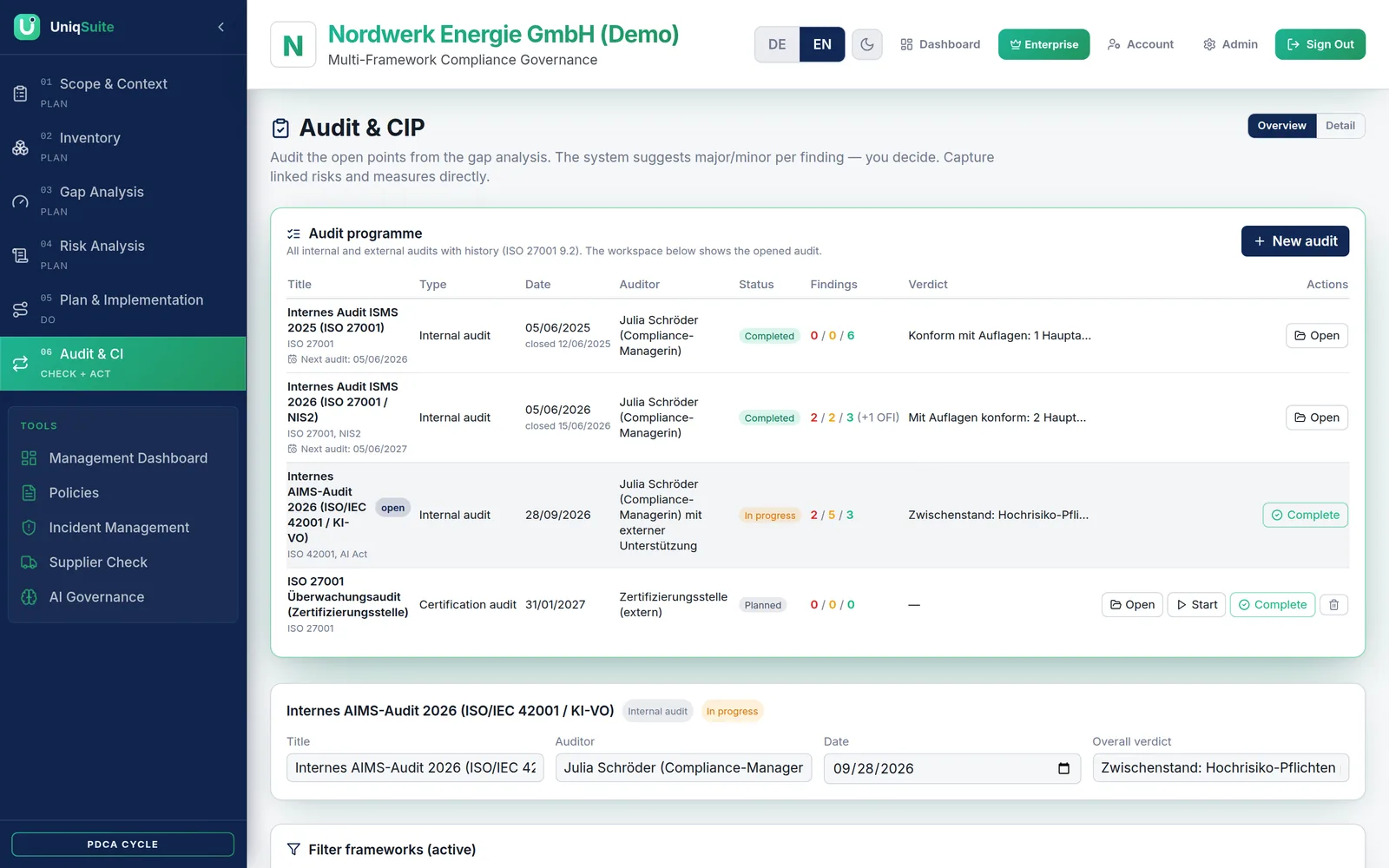 Audit – screen in UniqSuite