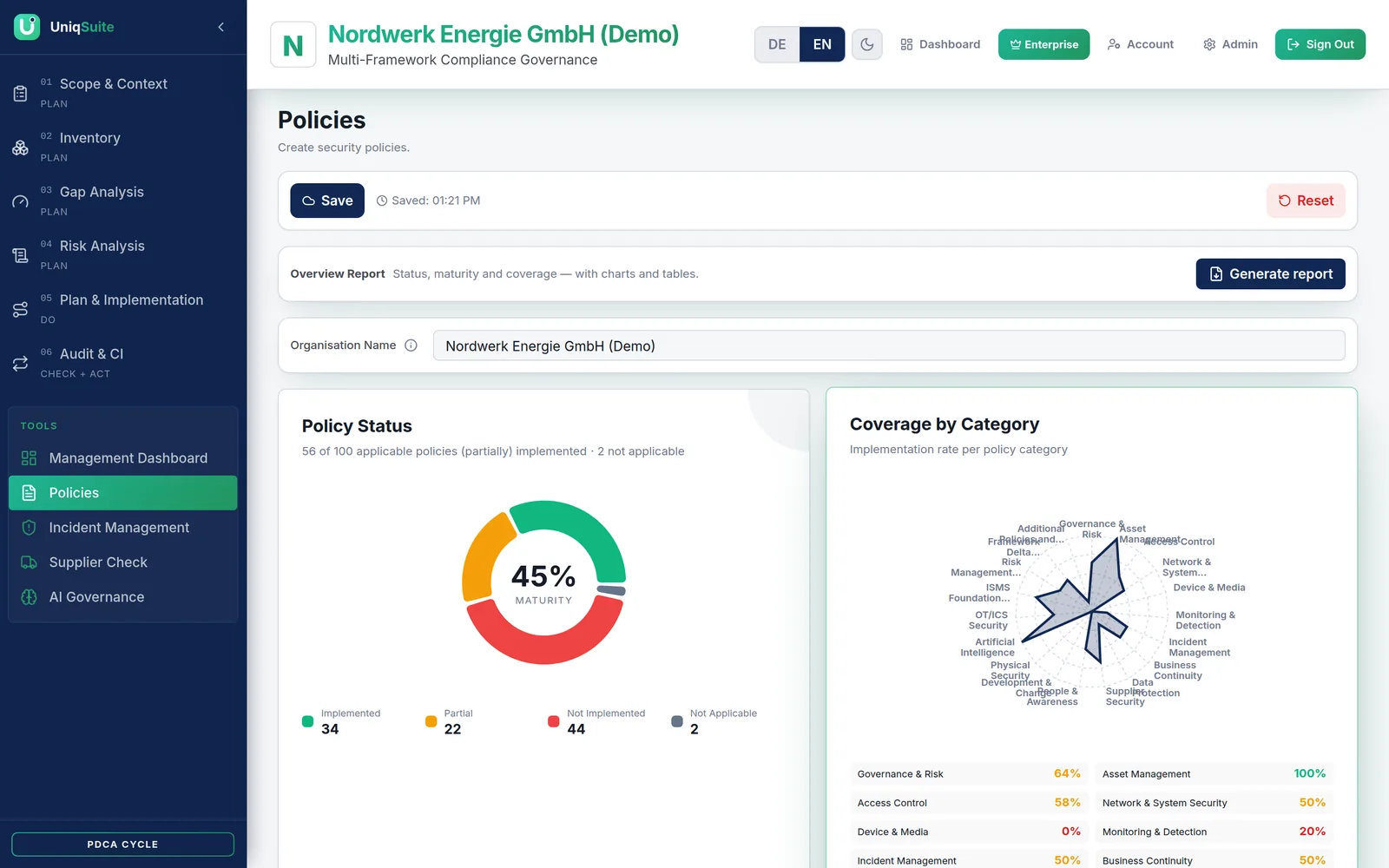 Policies – screen in UniqSuite