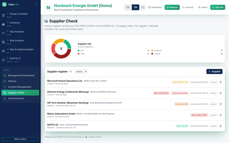 Supplier check – screenshot, demo tenant